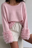 Fuzzy Cuff Boat Neck Stripe Knit Sweater