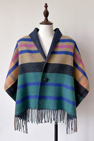 Plaid Fringed Wrap Poncho Scarf
