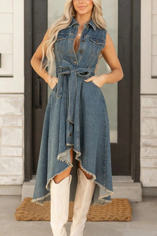 Button-Front Denim Midi Dress
