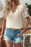 Scalloped V-Neck Lace Sleeve Blouse