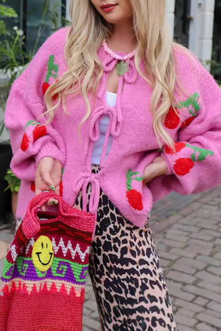 Tie-Front Cherry Embellished Cardigan