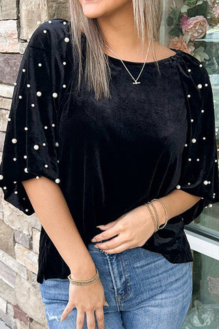Pearl-Embellished Blouse with Flare Sleeves