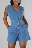 Button-Front Short Denim Set