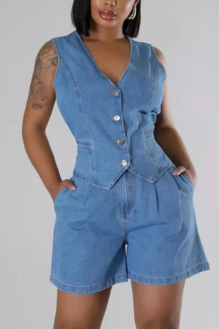 Button-Front Short Denim Set