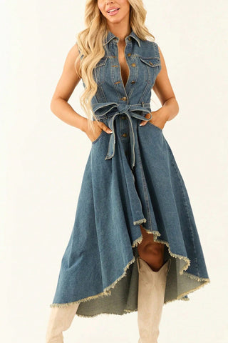 Button-Front Denim Midi Dress