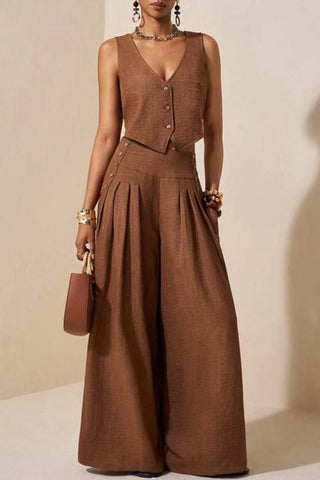 Button-Front Vest Wide-Leg Set