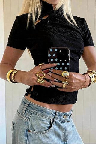 Frog Button Mock Neck Crop Blouse