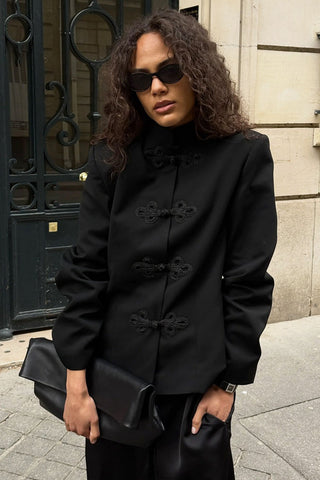 Frog Button Stand Collar Long Sleeve Blazer