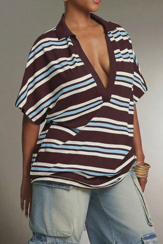Striped Collar Deep V-Neck Polo
