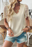 Scalloped V-Neck Lace Sleeve Blouse