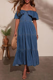 Ruffle-Trim Denim Midi Dress