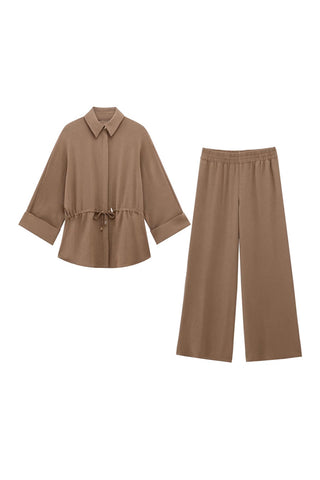 Drawstring Waist Blouse and Pants Set