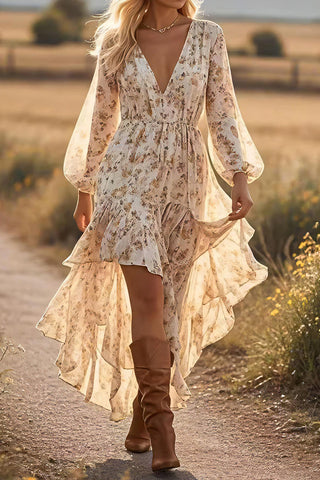 V-Neck Floral Ruffle Dress