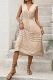 Pleated V-Neck Casual Dress