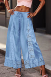 Lace Insert Drawstring Wide-Leg Casual Pants