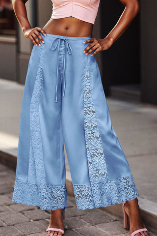 Lace Insert Drawstring Wide-Leg Casual Pants