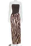 Strapless Ruched Waist Animal Print Maxi Dress