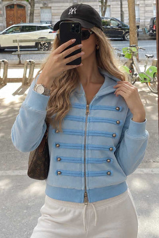 Military Button Hooded Zip-Up Sweatshirt