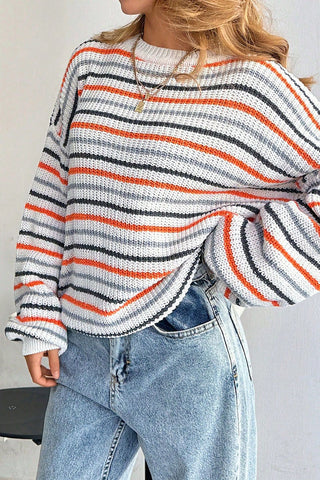 Striped Crew Neck Drop Shoulder Sweater