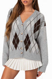 Argyle Knit V-Neck Button-Front Cardigan
