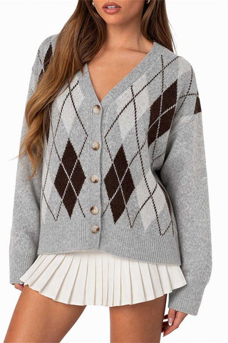 Argyle Knit V-Neck Button-Front Cardigan