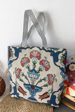 Patterned Tote Bag with Striped Handles
