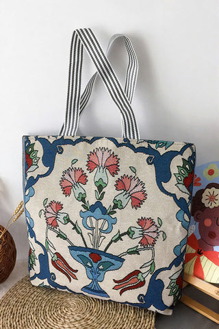 Patterned Tote Bag with Striped Handles