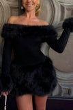Off-Shoulder Casual Dress with Fur Trim