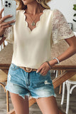 Scalloped V-Neck Lace Sleeve Blouse