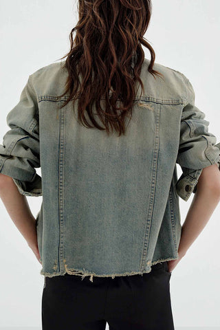 Distressed Button-Front Denim Jacket