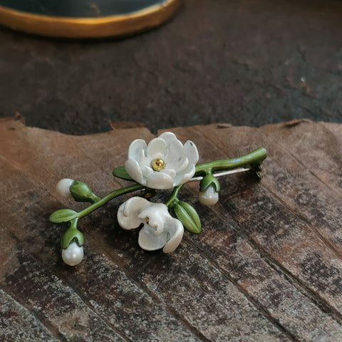 Floral Pearl Enamel Brooch