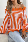 Striped Off-Shoulder Frayed Knit Sweater