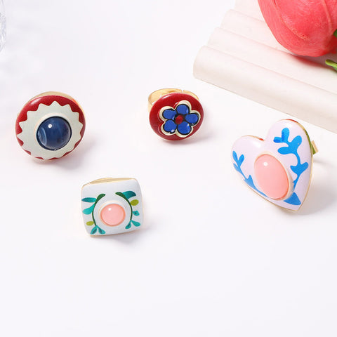 Enamel Flower Heart Flower Ring