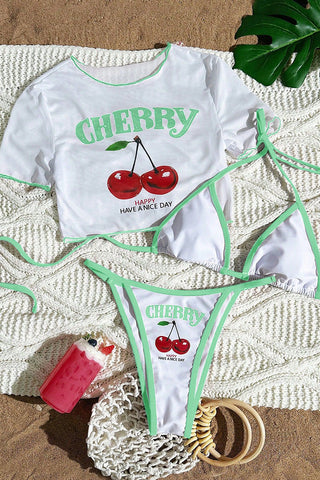 Cherry-Print Bikini Set with Cover-Up