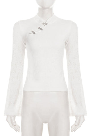 Lace Bell Sleeve Mock Neck Crop Blouse