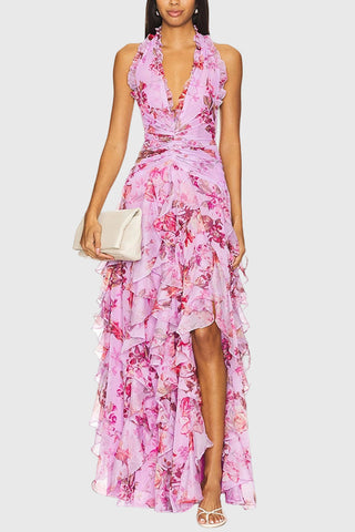 Floral Halter Ruched Ruffle Maxi Dress