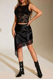 Satin Asymmetrical Lace Trim Midi Skirt
