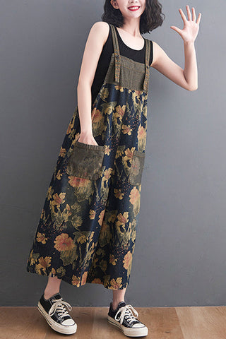 Floral Print Wide-Leg Denim Overalls
