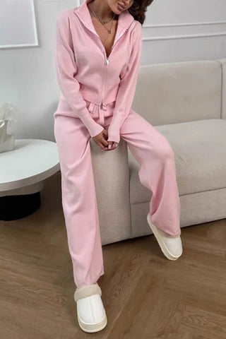Zip-Front Mock Neck Knit Pants Set