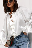 Ruffle V-Neck Tie Sleeve Satin Blouse