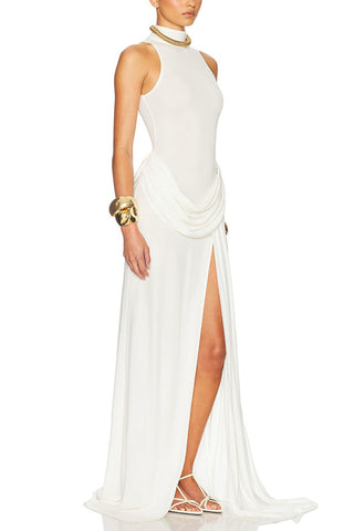 Mock Neck Sleeveless Ruched Maxi Casual Dress