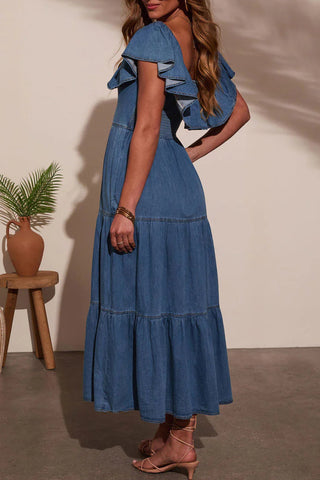 Ruffle-Trim Denim Midi Dress