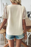 Scalloped V-Neck Lace Sleeve Blouse
