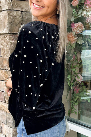Pearl-Embellished Blouse with Flare Sleeves