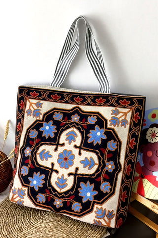 Patterned Tote Bag with Striped Handles