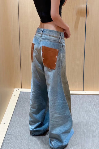 High-Waist Straight Jeans with Patch Detail
