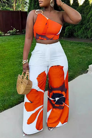 One-Shoulder Floral Pants Set