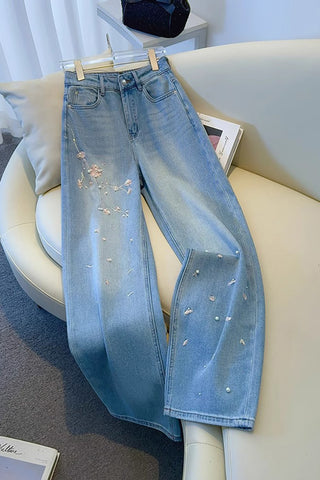 Floral Straight-Leg Denim Jeans
