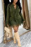 Fringe Trim V-Neck Knit Skirt Set