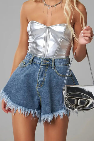 High Waist Frayed Hem Denim Shorts